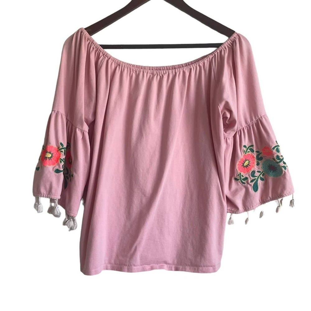 Umgee Women Boho Embroidered Top L Pink Tassel Bell Sleeve Floral Cottagecore